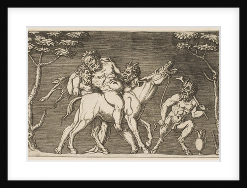 Two satyrs placing Silenus on a braying mule and a third satyr at right, ca. 1515-27 by Marco Dente (attributed to)