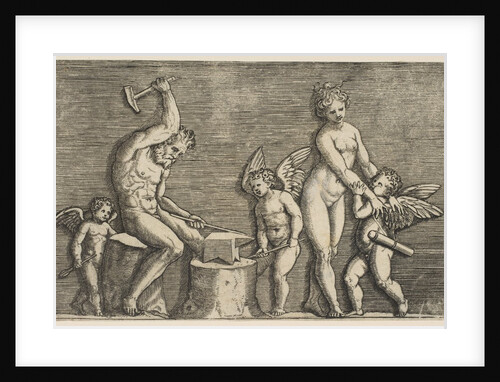 Vulcan seated hammering on an anvil flanked by Venus and three cupids, ca. 1515-27 by Marco Dente
