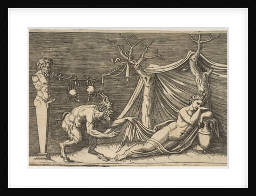 A satyr discovering a sleeping woman; two crabs hanging from a rope which is strung…, ca. 1515-27 by Marco Dente