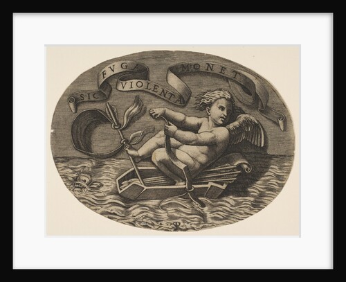 Eros escaping by sea using his bow to propel a boat made from his quiver with an ar…, ca. 1515-27 by Marco Dente