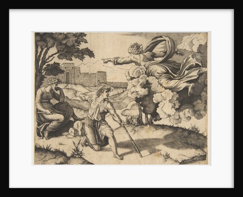 God appearing to Isaac; God floating in clouds pointing toward Rebecca seated under…, ca. 1515-27 by Marco Dente