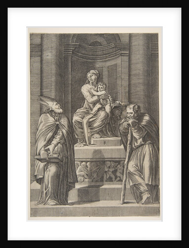 Saint Joseph at left and a bishop at right standing before the altar of the Virgin …, ca. 1515-27 by Marco Dente