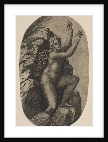 Eurydice naked standing on a rock, her arms raised to the right, ca. 1515-27 by Marco Dente