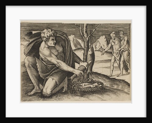 A man kneeling next to a basket of fish and taking one with both hands, two men at …, ca. 1515-27 by Marco Dente