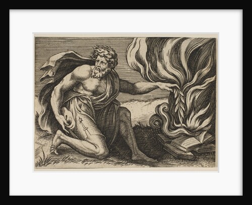 A man kneeling and placing a laurel branch upon a pile of burning books, ca. 1515-27 by Marco Dente