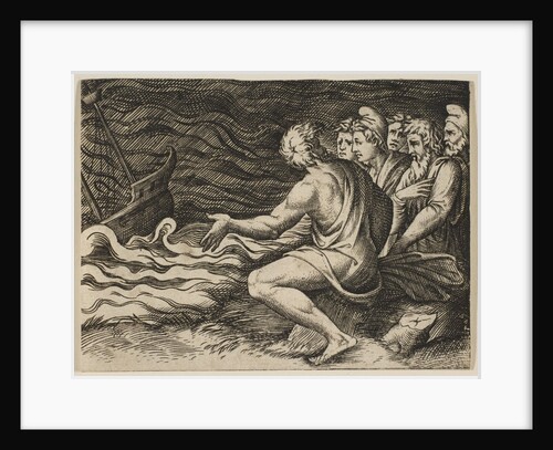 A group of figures at right witnessing a shipwreck, ca. 1515-27 by Marco Dente