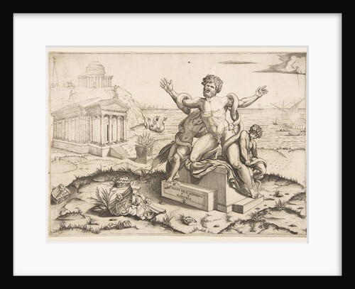 Laocoön and his two sons being attacked by serpents upon a pedestal, a temple to Mi…, ca. 1515-27 by Marco Dente