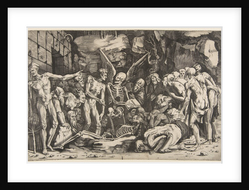 The Skeletons, a group of emaciated men and women gathered around a skeleton laid on th…, 1515-27 by Marco Dente