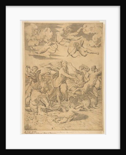 Galatea riding in a shell pulled through the water by dolphins, a cupid below and f…, ca. 1515-27 by Marco Dente