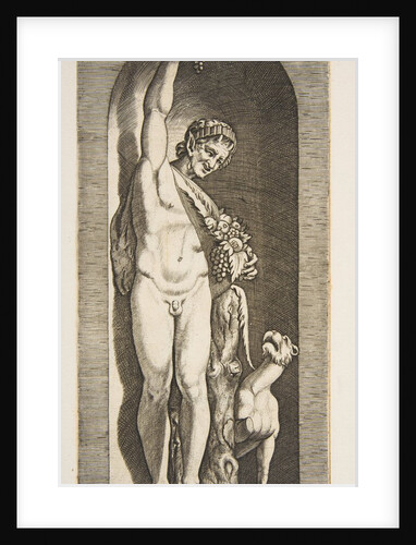 A faun standing in a niche holding aloft a bunch of grapes with his right hand and …, ca. 1515-27 by Marco Dente