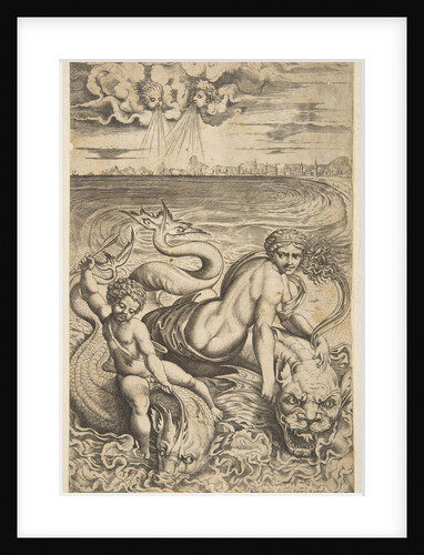 Venus and Cupid riding two sea monsters, Cupid raises an arrow in his right hand, t…, ca. 1515-27 by Marco Dente