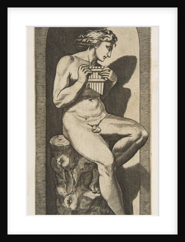 Olympus naked seated on a tree stump holding pipes, set within a niche, ca. 1515-27 by Marco Dente