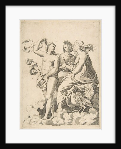 Juno, Ceres, and Psyche in the clouds conversing, Juno seated with a peacock at her…, ca. 1515-27 by Marco Dente