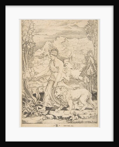 Fortitude in profile view walking toward a fire at left and leading a harnessed lio…, ca. 1515-27 by Marco Dente