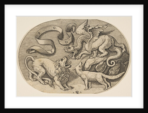 A lion, dragon and fox fighting each other, an inscribed banderole above, an oval c…, ca. 1515-27 by Marco Dente