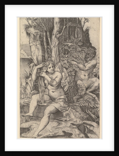 Pan spying on the nymph Syrinx who is seated on a rock, combing her hair, ca. 1516-20 by Marco Dente