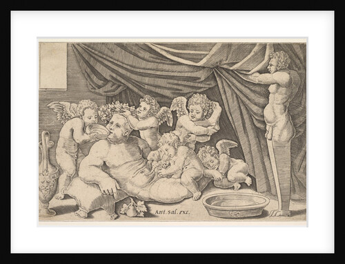 Bacchus surrounded by Putti, a statue of Priapus at right, 1530-60 by Master of the Die