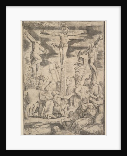 The conversion of the Centurion who flings his arms open before Christ on the cross, 1532 by Master of the Die