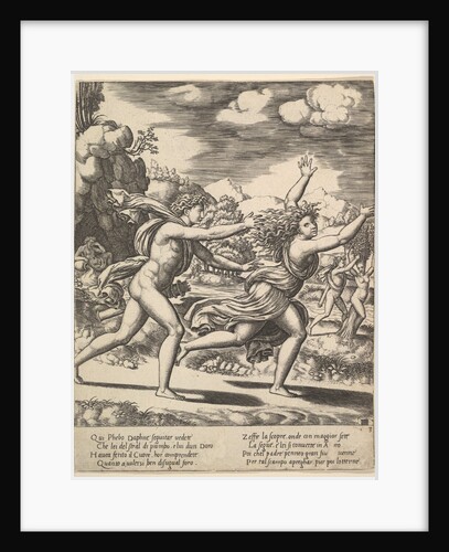 Apollo chasing Daphne who throws her arms up, in the background at right shows the mome…, 1530-60 by Master of the Die