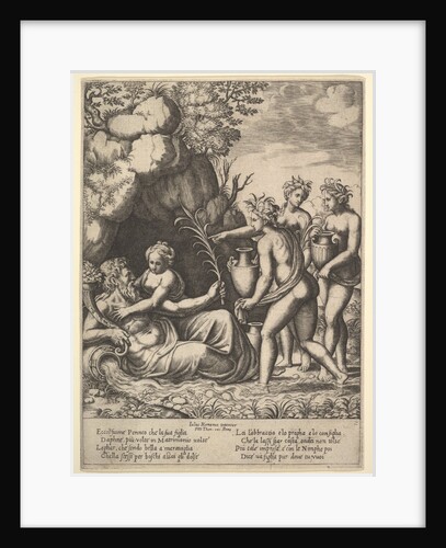 Daphne embracing her father, the river-god Peneus, at the left three nymphs bring jars …, 1530-60 by Master of the Die