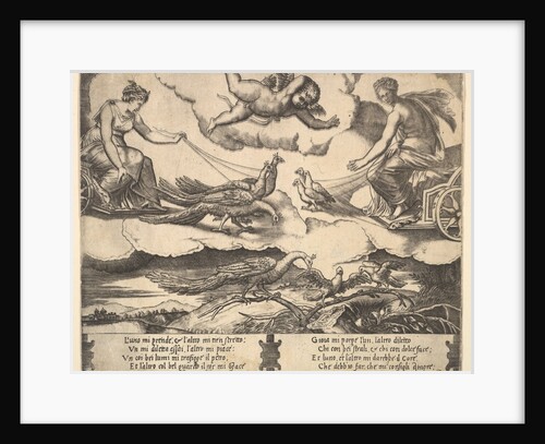 Allegory of Marriage and Love; Juno in a chariot drawn by peacocks at left, Venus in a …, 1530-60 by Master of the Die