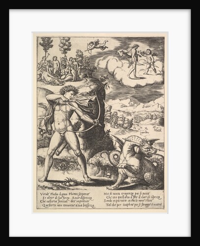 Apollo standing at left shooting a python with an arrow, above to the left are the muse…, 1530-60 by Master of the Die