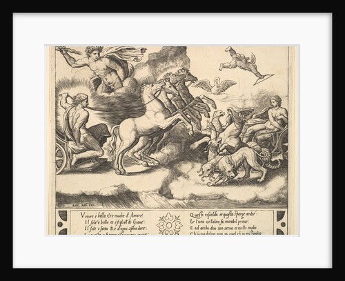 Apollo in his horse-drawn chariot at the left, above him above Jupiter hurls a thunderb…, 1530-60 by Master of the Die