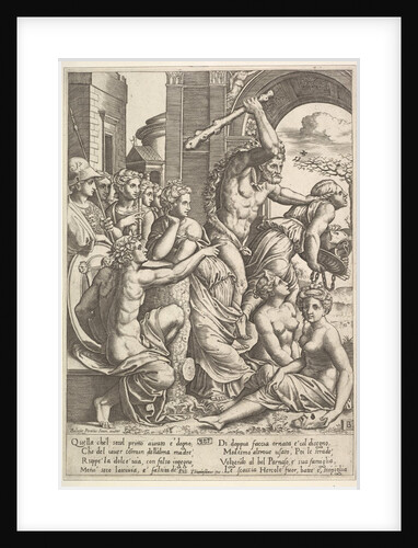 Envy or Avarice at the right being driven from the temple of the Muses by Hercules who …, 1530-60 by Master of the Die