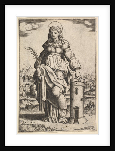 Saint Barbara standing, palm in her right hand, resting her left hand on a tower, 1530-60 by Master of the Die