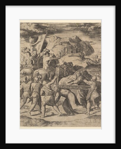 Christ carrying the cross surrounded by soldiers, several on horseback, 1530-60 by Master of the Die