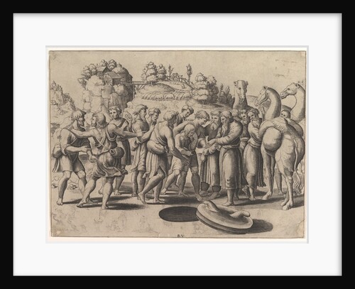 Joseph in the centre being sold by his brothers standing above a well, camels at the right, 1533 by Master of the Die