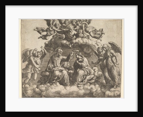 The coronation of the Virgin, Christ holding the crown over her head, God the Father bless…, 1532 by Master of the Die