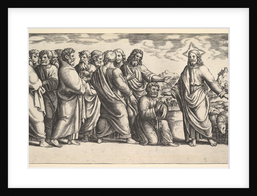 Christ standing at left indicating to a flock of sheep, before him kneels St. Peter hol…, 1530-60 by Master of the Die