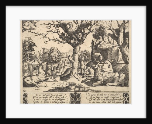 A phoenix sat atop a tree, wings open, an assortment of animals below, 1530-60 by Master of the Die