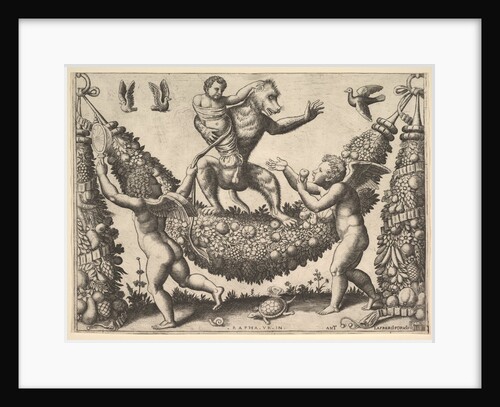 A monkey holding a bound putto standing on a garland in front of which are two winged p…, 1530-60 by Master of the Die