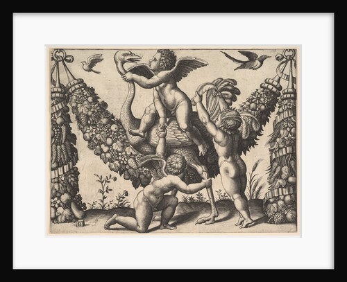 Three putti before a large garland, the one in the middle rides an ostrich, from a …, ca. 1530-40 by Master of the Die