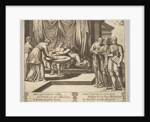 Plate 8: Psyche seated at a table and attended by invisible servants, Eros beside the g…, 1530-60 by Master of the Die