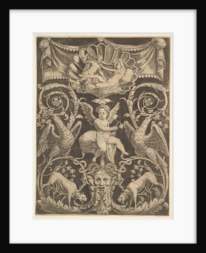 A panel of ornament with a putto in the centre holding a windmill, 1532 by Master of the Die