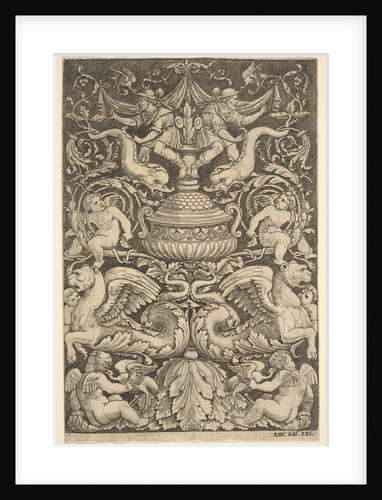 A panel of ornament with a large jar in centre, putti and other figures, 1530-60 by Master of the Die