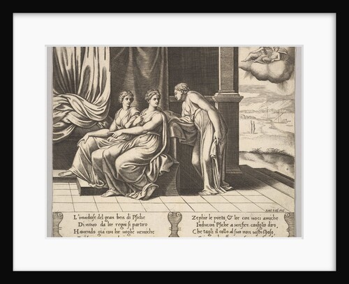 Plate 12: Psyche's sisters persuade her a serpent is sleeping with her, from 'The Fable…, 1530-60 by Master of the Die