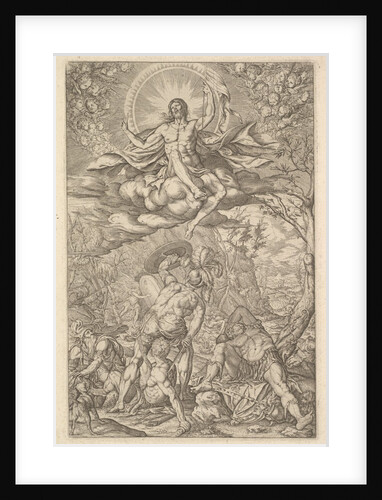Resurrection of Christ, encompassed by an aureole and clouds with lines of winged putti to…, 1577 by Melchior Meier
