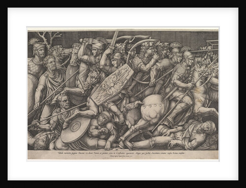 Roman soldiers fighting against Dacians, battle scene in shallow depth with horses and hor…, 1553 by Nicolas Beatrizet