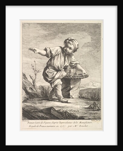 Frontispiece with litte boy holding a basket, from Premier Livre de Figures d'après les po…, 1757 by Pierre Etienne Falconet