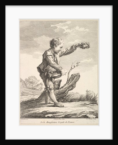 Little boy holding a wreath and basket of flowers, from Deuxième Livre de Figures d'…, after 1757 by Pierre Francois Tardieu