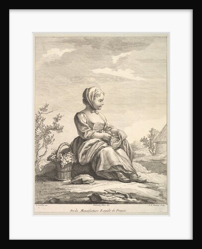 Little girl holding grapes with a basket of them by her side, from Deuxième Livre de…, after 1757 by Pierre Francois Tardieu