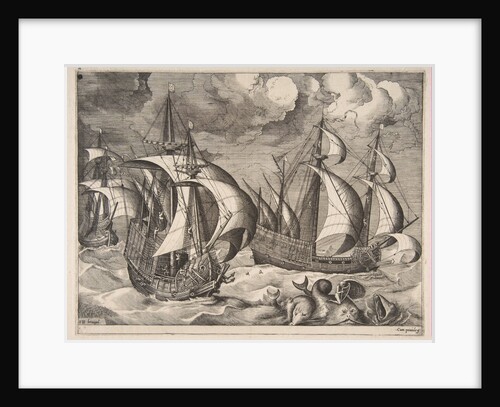 Three Caravels in a Rising Squall with Arion on a Dolphin from The Sailing Vessels, 1561-65 by Frans Huys
