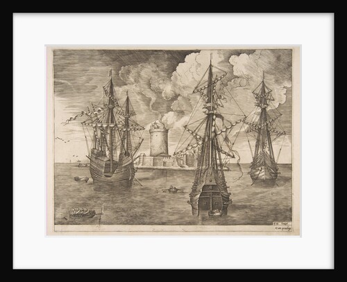 Four-Master and Two Three-Masters Anchored near a Fortified Island with a Lighth…, 1561-65 by Frans Huys