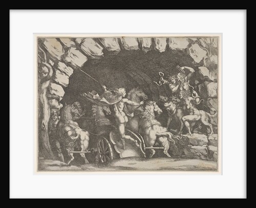 Pluto, seen from behind, entering the Underwold on his chairot, Cereberus and three Fu…, ca. 1680 by Pietro Santi Bartoli