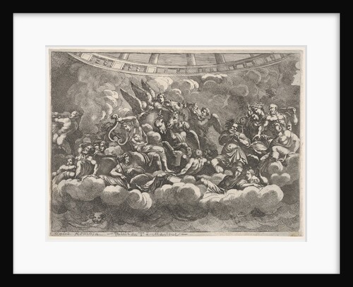 Gathering of various Olympian gods and mythological figures among clouds, Apollo at ce…, ca. 1680 by Pietro Santi Bartoli