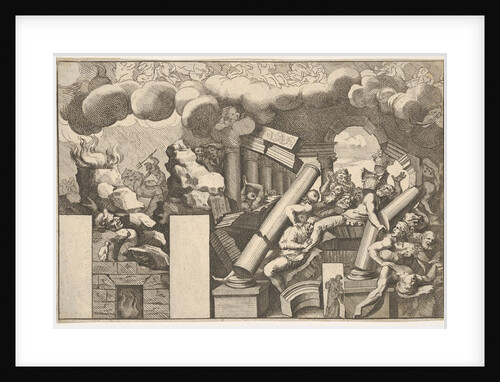 Giants crushed by rocks and the falling columns of the temple, clouds of smoke above…, ca. 1680 by Pietro Santi Bartoli